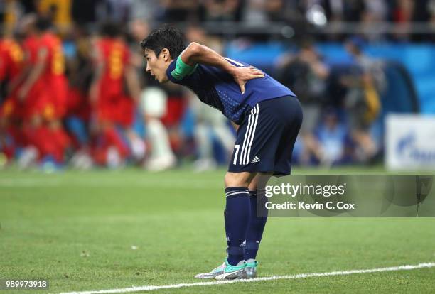 Makoto Hasebe of Japan looks on during the 2018 FIFA World Cup Russia Round of 16 match between Belgium and Japan at Rostov Arena on July 2, 2018 in...