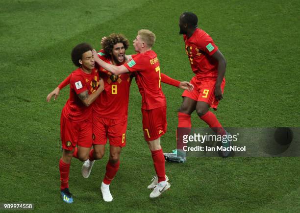 Marouane Fellaini of Belgium celebrates after he scores his sides second goal during the 2018 FIFA World Cup Russia Round of 16 match between Belgium...