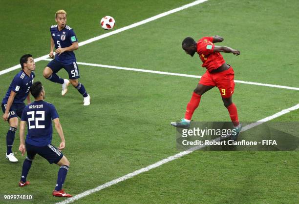 Romelu Lukaku of Belgium heads the ball twards goal during the 2018 FIFA World Cup Russia Round of 16 match between Belgium and Japan at Rostov Arena...