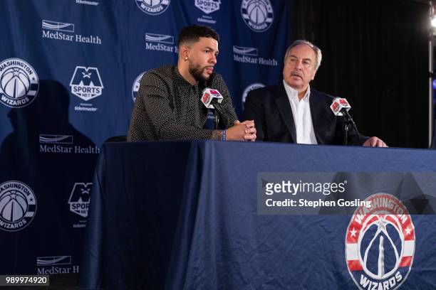 General Manager, Ernie Grunfeld introduces Austin Rivers of the Washington Wizards during a press conference at Capital One Arena in Washington, DC...