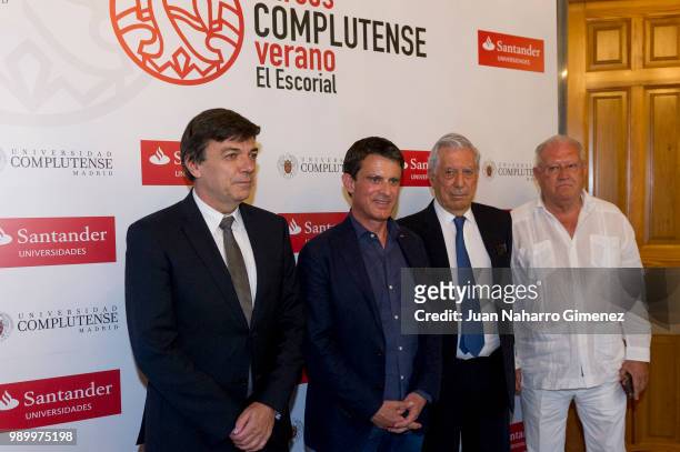 Carlos Andradas, Manuel Valls, Mario Vargas Llosa and Juan Jose Armas Marcelo attend El Escorial Summer Courses 2018 at Real Centro Universitario...