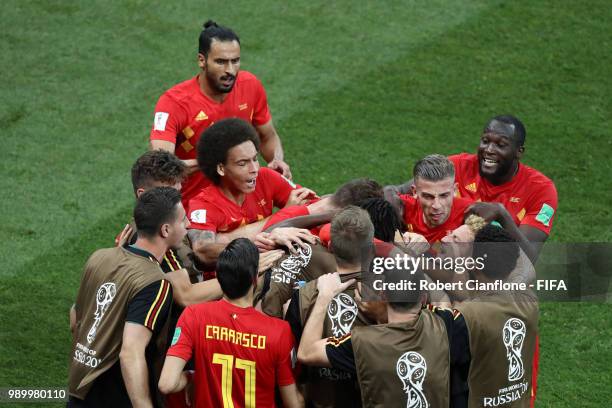 Marouane Fellaini of Belgium celebrates with teammates after scoring his team's second goal during the 2018 FIFA World Cup Russia Round of 16 match...