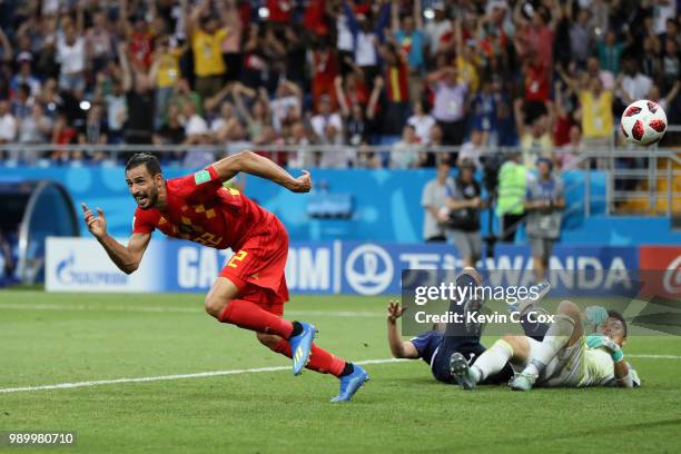 Nacer Chadli of Belgium celebrates after scoring his team's third goal during the 2018 FIFA World Cup Russia Round of 16 match between Belgium and...