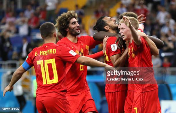 Nacer Chadli of Belgium celebrates after scoring his team's third goal with team mates during the 2018 FIFA World Cup Russia Round of 16 match...