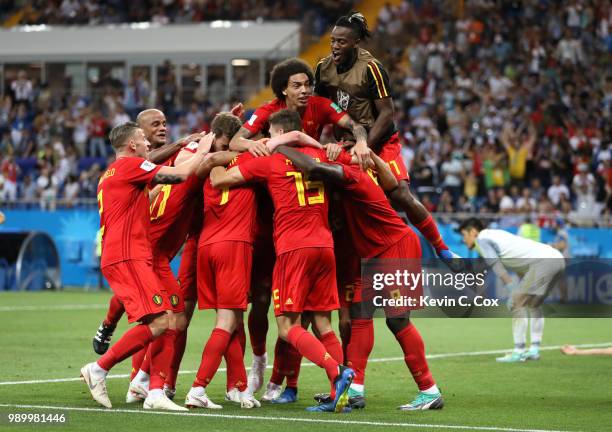 Nacer Chadli of Belgium celebrates after scoring his team's third goal with team mates during the 2018 FIFA World Cup Russia Round of 16 match...