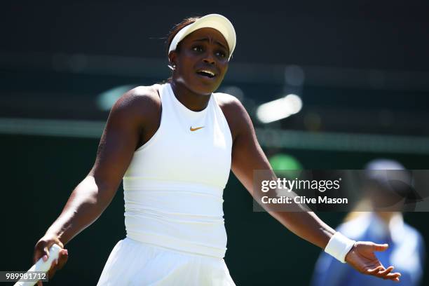 Sloane Stephens of the United States reacts during her Ladies' Singles first round match against Donna Vekic of Croatia on day one of the Wimbledon...