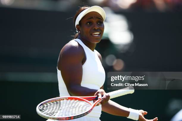 Sloane Stephens of the United States reacts during her Ladies' Singles first round match against Donna Vekic of Croatia on day one of the Wimbledon...