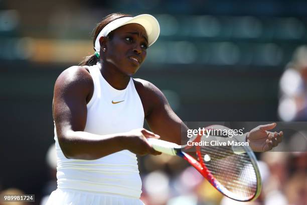 Sloane Stephens of the United States reacts during her Ladies' Singles first round match against Donna Vekic of Croatia on day one of the Wimbledon...