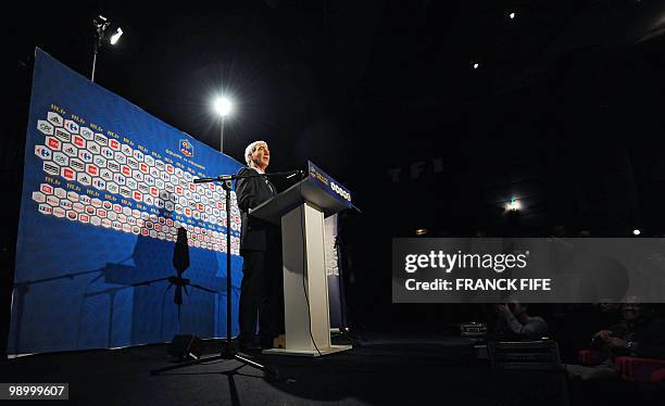 France national football team's coach Raymond Domenech gives a press conference, on May 11, 2010 in Paris to announce the team members selected for...