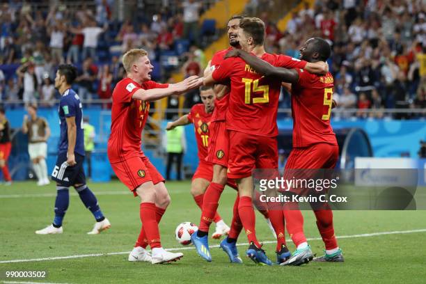 Nacer Chadli of Belgium celebrates after scoring his team's third goal with team mates during the 2018 FIFA World Cup Russia Round of 16 match...