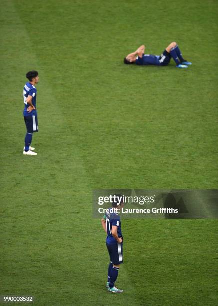 Makoto Hasebe of Japan looks dejected following his sides defeat in the 2018 FIFA World Cup Russia Round of 16 match between Belgium and Japan at...