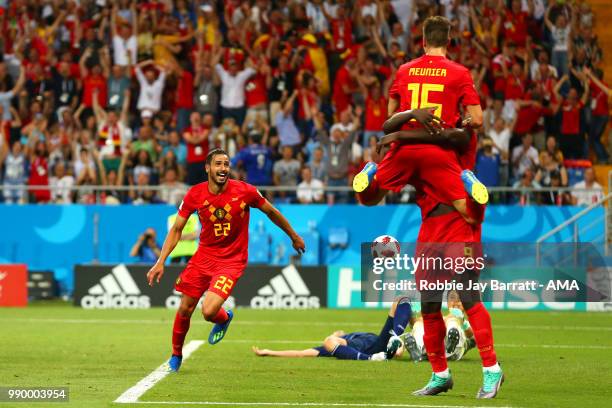 Nacer Chadli of Belgium celebrates scoring a goal to make it 3-2 during the 2018 FIFA World Cup Russia Round of 16 match between Belgium and Japan at...