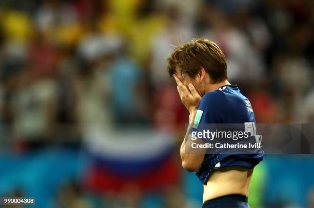 Takashi Inui of Japan looks dejected following his sides defeat in the 2018 FIFA World Cup Russia Round of 16 match between Belgium and Japan at...