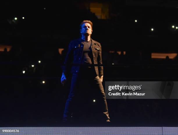 Bono of U2 performs on stage during the "eXPERIENCE & iNNOCENCE" tour at Madison Square Garden on July 1, 2018 in New York City.