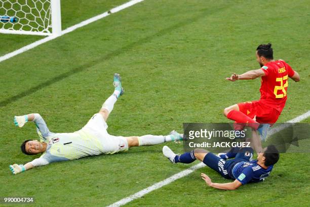 Belgium's midfielder Nacer Chadli scores his team's winning goal past Japan's goalkeeper Eiji Kawashima during the Russia 2018 World Cup round of 16...