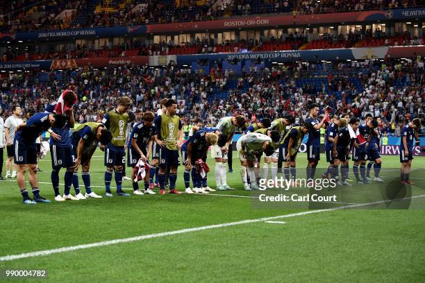 Japan players acknowledge the fans following the 2018 FIFA World Cup Russia Round of 16 match between Belgium and Japan at Rostov Arena on July 2,...