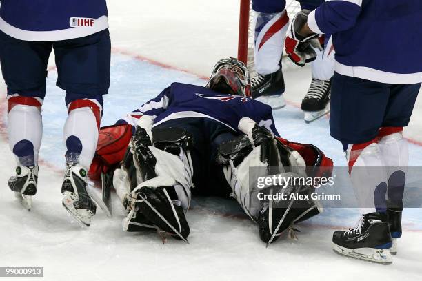 Goalkeeper Eddy Ferhi of France reacts after a save during the IIHF World Championship group C match between Sweden and France at SAP Arena on May...