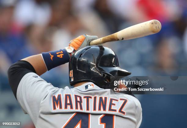 Victor Martinez of the Detroit Tigers wags his bat as he bats in the fourth inning during MLB game action against the Toronto Blue Jays at Rogers...