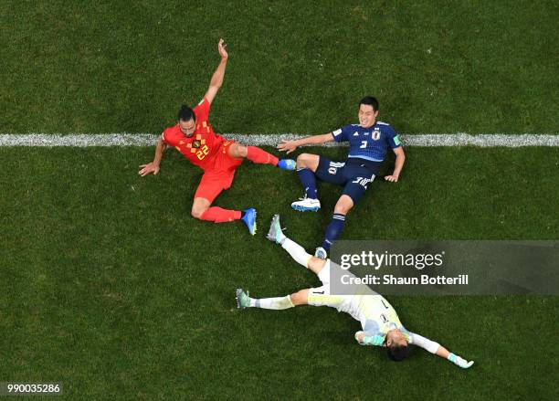 Nacer Chadli of Belgium scores past Eiji Kawashima of Japan his team's third goal during the 2018 FIFA World Cup Russia Round of 16 match between...