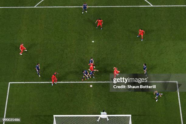 Marouane Fellaini of Belgium scores his team's second goal past Eiji Kawashima of Japan during the 2018 FIFA World Cup Russia Round of 16 match...