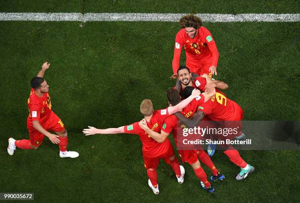 Nacer Chadli of Belgium celebrates after scoring his team's third goal with team mates during the 2018 FIFA World Cup Russia Round of 16 match...