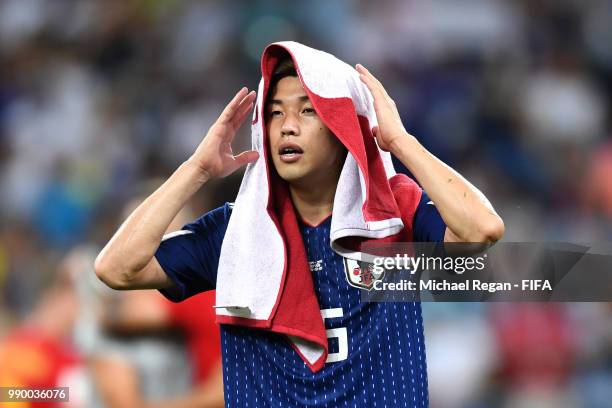 Yuya Osako of Japan looks dekected following the 2018 FIFA World Cup Russia Round of 16 match between Belgium and Japan at Rostov Arena on July 2,...