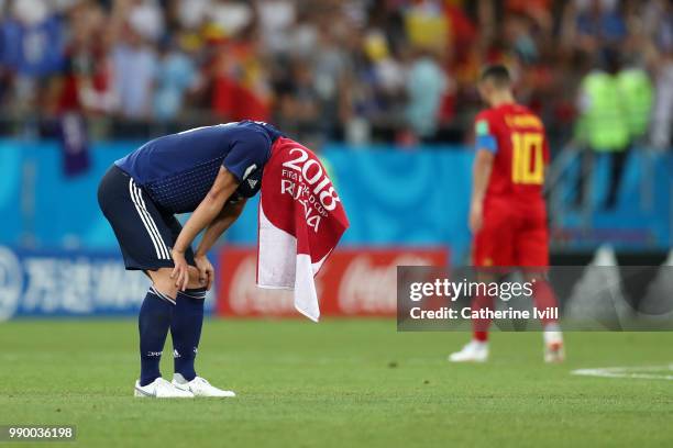 Gen Shoji of Japan looks dekected following the 2018 FIFA World Cup Russia Round of 16 match between Belgium and Japan at Rostov Arena on July 2,...