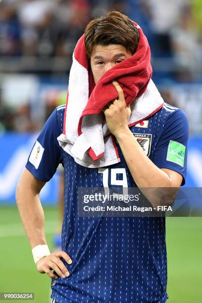 Hiroki Sakai of Japan looks dekected following the 2018 FIFA World Cup Russia Round of 16 match between Belgium and Japan at Rostov Arena on July 2,...