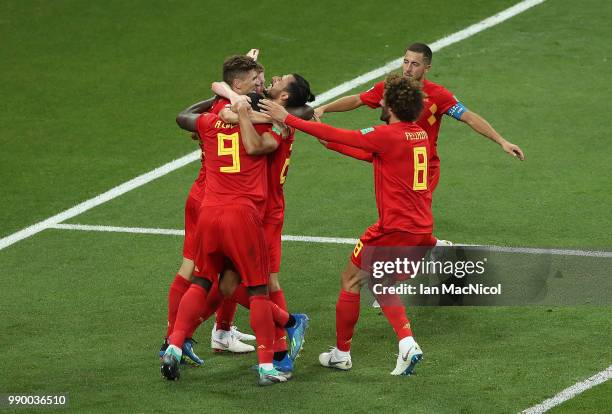 Nacer Chadli of Belgium celebrates after he scores his sides third and winning goal during the 2018 FIFA World Cup Russia Round of 16 match between...