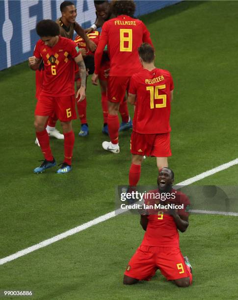 Romelu Lukaku of Belgium celebrates after Nacer Chadli scores his sides third and winning goal during the 2018 FIFA World Cup Russia Round of 16...