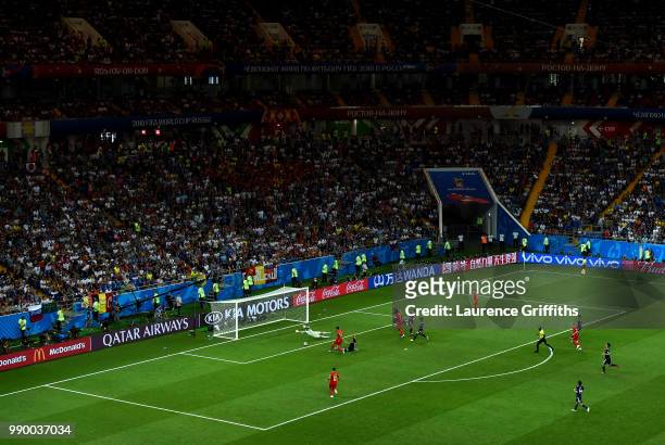 Nacer Chadli of Belgium scores past Eiji Kawashima of Japan his team's third goal during the 2018 FIFA World Cup Russia Round of 16 match between...