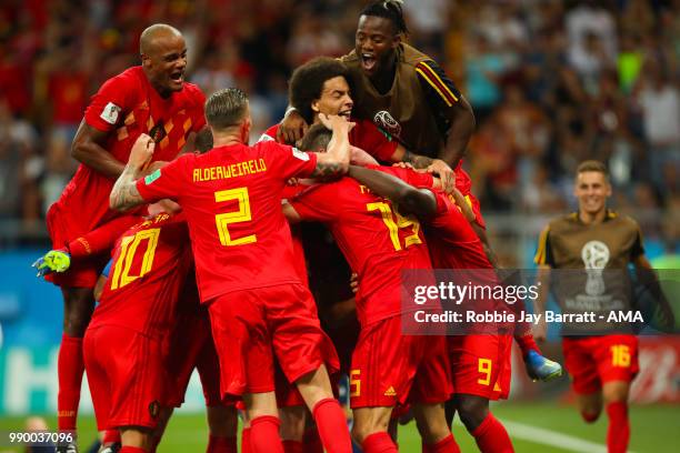 The Belgium players celebrate at the end of the 2018 FIFA World Cup Russia Round of 16 match between Belgium and Japan at Rostov Arena on July 2,...