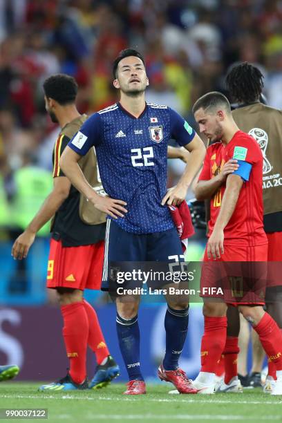 Maya Yoshida of Japan looks dejected following his sides defeat in the 2018 FIFA World Cup Russia Round of 16 match between Belgium and Japan at...