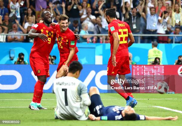 Nacer Chadli of Belgium celebrates after scoring his team's third goal with team mates during the 2018 FIFA World Cup Russia Round of 16 match...