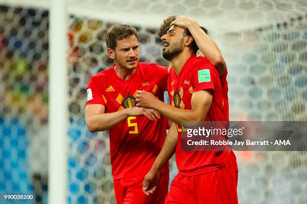 Nacer Chadli of Belgium celebrates scoring a goal to make it 3-2 with Jan Vertonghen of Belgium during the 2018 FIFA World Cup Russia Round of 16...