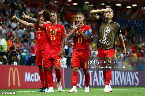 Belgium players applauds fans after their victory in the 2018 FIFA World Cup Russia Round of 16 match between Belgium and Japan at Rostov Arena on...