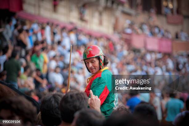 Jockey Brio of Contrada Drago wins the historical Italian horse race of the Palio Di Siena on July 02, 2018 in Siena, Italy. The Palio di Siena,...