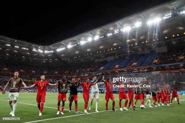 Belgium players acknowledge the fans during the 2018 FIFA World Cup Russia Round of 16 match between Belgium and Japan at Rostov Arena on July 2,...