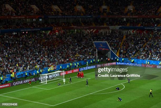 Nacer Chadli of Belgium celebrates after scoring his team's third goal with team mates during the 2018 FIFA World Cup Russia Round of 16 match...