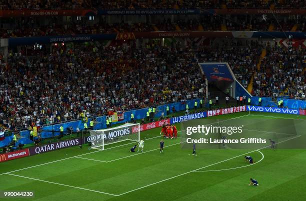 General view as Nacer Chadli of Belgium celebrates after scoring his team's third goal with team mates during the 2018 FIFA World Cup Russia Round of...