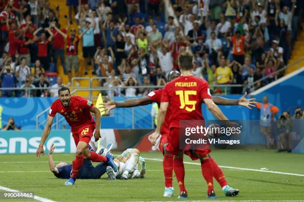 Japan goalkeeper Eiji Kawashima, Nacer Chadli of Belgium, Romelu Lukaku of Belgium, Thomas Meunier of Belgium during the 2018 FIFA World Cup Russia...