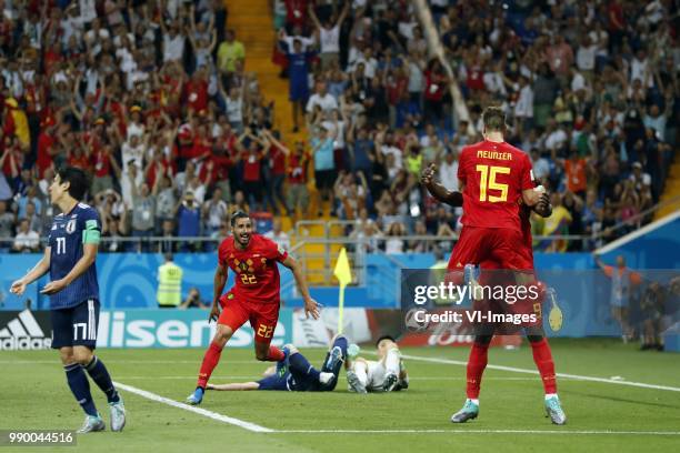 Makoto Hasebe of Japan, Japan goalkeeper Eiji Kawashima, Nacer Chadli of Belgium, Romelu Lukaku of Belgium, Thomas Meunier of Belgium during the 2018...