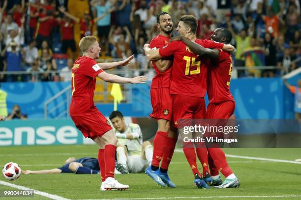 Kevin De Bruyne of Belgium, Japan goalkeeper Eiji Kawashima, Nacer Chadli of Belgium, Thomas Meunier of Belgium, Romelu Lukaku of Belgium during the...