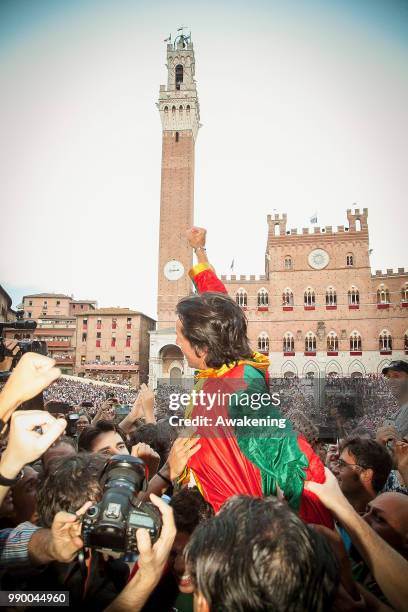 Jockey Brio of Contrada Drago wins the historical Italian horse race of the Palio Di Siena on July 02, 2018 in Siena, Italy. The Palio di Siena,...