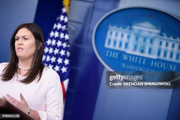 White House Press Secretary Sarah Huckabee Sanders speaks during a briefing at the White House July 2, 2018 in Washington, DC.