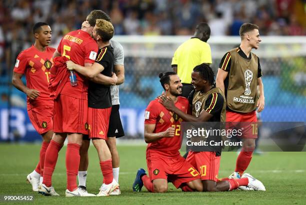 Belgium players celebrate on the final whistle after the 2018 FIFA World Cup Russia Round of 16 match between Belgium and Japan at Rostov Arena on...