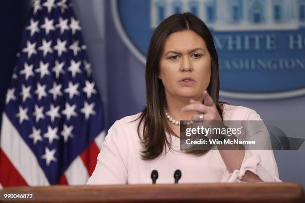 White House press secretary Sarah Huckabee Sanders answers questions during the daily White House briefing July 2, 2018 in Washington, DC. Sanders...