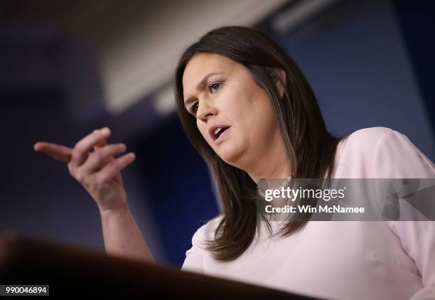 White House press secretary Sarah Huckabee Sanders answers questions during the daily White House briefing July 2, 2018 in Washington, DC. Sanders...