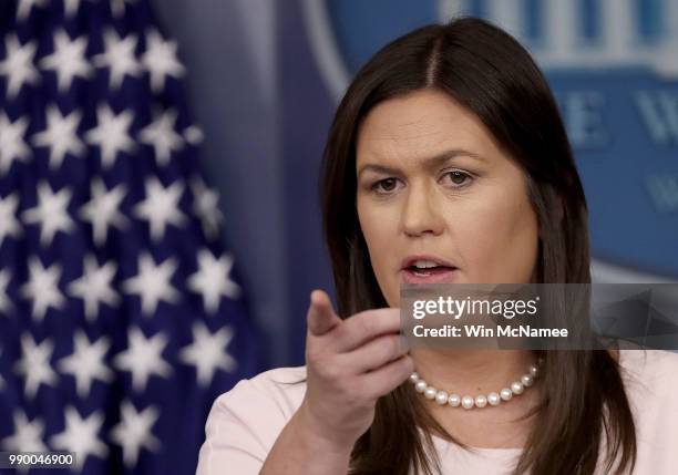 White House press secretary Sarah Huckabee Sanders answers questions during the daily White House briefing July 2, 2018 in Washington, DC. Sanders...