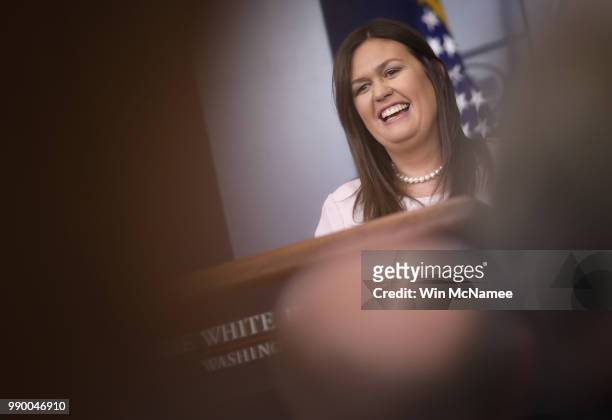 White House press secretary Sarah Huckabee Sanders answers questions during the daily White House briefing July 2, 2018 in Washington, DC. Sanders...